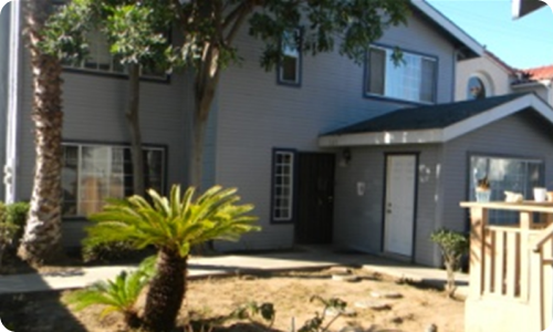 a grey house with palm trees in front